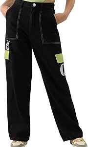 Drama Queen Women and Girls Black Graphic Printed Straight Fit Cotton Cargo Jeans Jeans for Women Straight Fit Open Bottom Ladies Cargo Pants Girls Free Trousers Baggy Buttoned