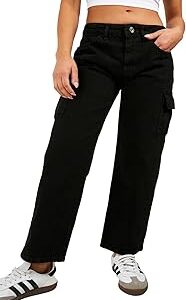 Women's Solid High Waist Cotton Lycra Blend Cargo Jeans