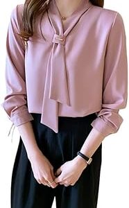Elegant Women's Tie Neck Summer Long Sleeve V-Neck Chiffon Korean Style Plain Business Work Shirts Blouse Top