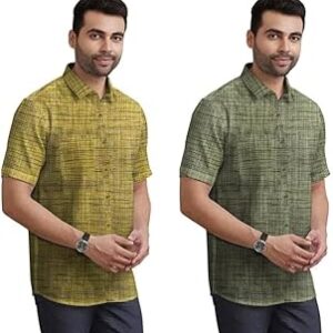 Men's Khadi Cotton Half Sleeves Striped Casual Shirts (Pack of 2)