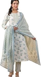 Women's Cream Cotton Floral Printed Straight Kurta Set