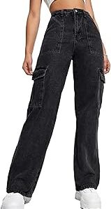 Women's Solid High Waist Cotton Lycra Blend Cargo Jeans