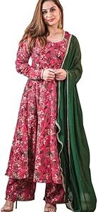 Women's Pink Georgette Digital Floral Printed Kurta with Palazzo and Dupatta