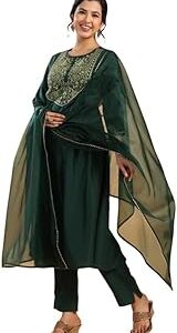 Women's Dark Green Chinnon Embroidery Pleated Kurta Set