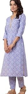 Women's Blue Cotton Floral Regular Kurta Set