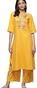 Women Yellow Cotton Straight Kurta Palazzo Suit Set