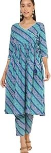 Women's Teal Blue Cotton Bandhani Printed Kurta with Pant