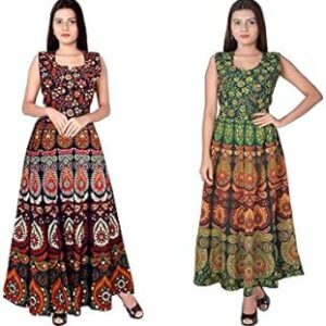 " Brand Present Women's Jaipuri Print Cotton Long Designer Midi Maxi Dress