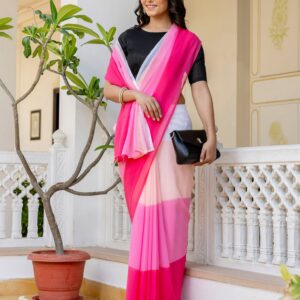 Ready To Wear White Georgette Dyed Plain Saree