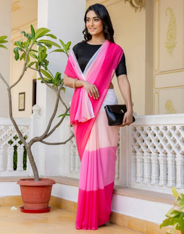 Ready To Wear White Georgette Dyed Plain Saree