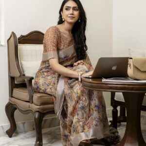 Ready To Wear Beige Linen Floral Printed Saree