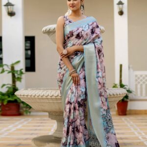 Ready To Wear Dusty Mauve Dola Silk Woven Border Printed Saree