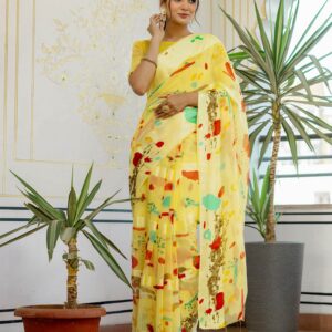 Ready To Wear Light Yellow Georgette Printed Saree