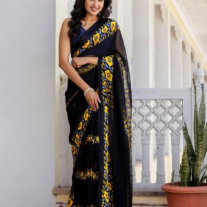 Ready To Wear Black Georgette Floral Printed Saree