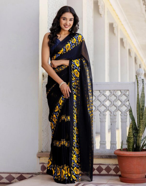 Ready To Wear Black Georgette Floral Printed Saree