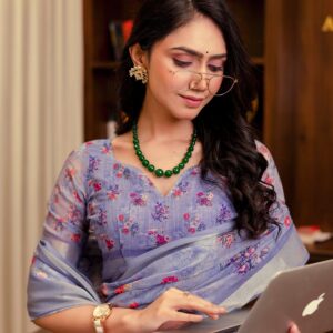 Ready To Wear Lavender Linen Woven Border Floral Printed Saree