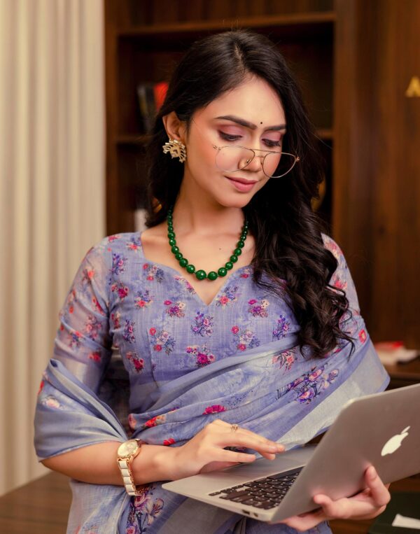 Ready To Wear Lavender Linen Woven Border Floral Printed Saree