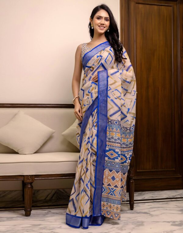 Ready To Wear Off White Linen Woven Border Printed Saree