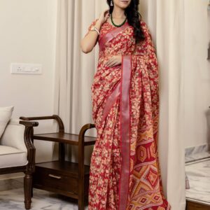 Ready To Wear Red Linen Woven Border Printed Saree