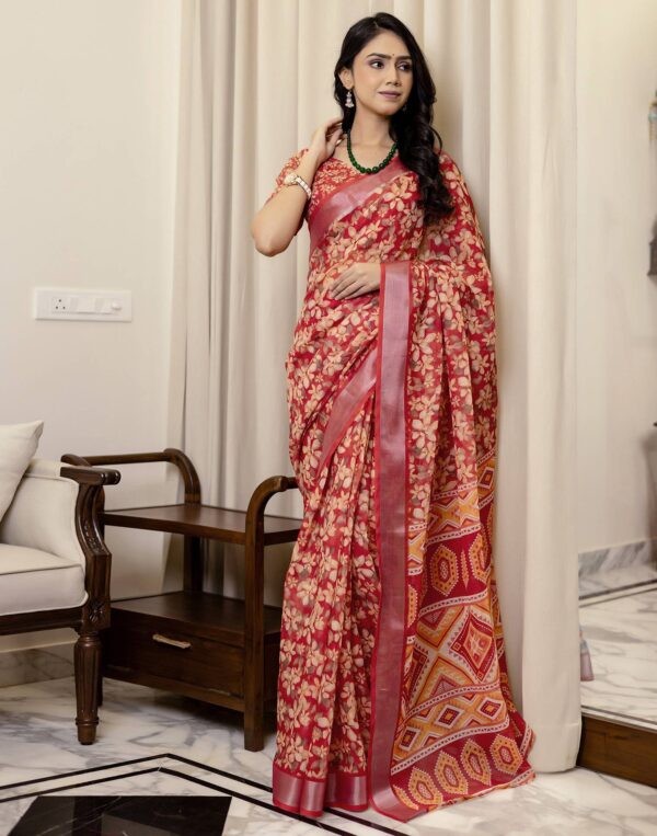 Ready To Wear Red Linen Woven Border Printed Saree