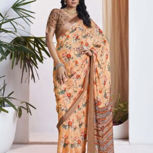 Ready To Wear Light Orange Georgette Floral Printed Saree