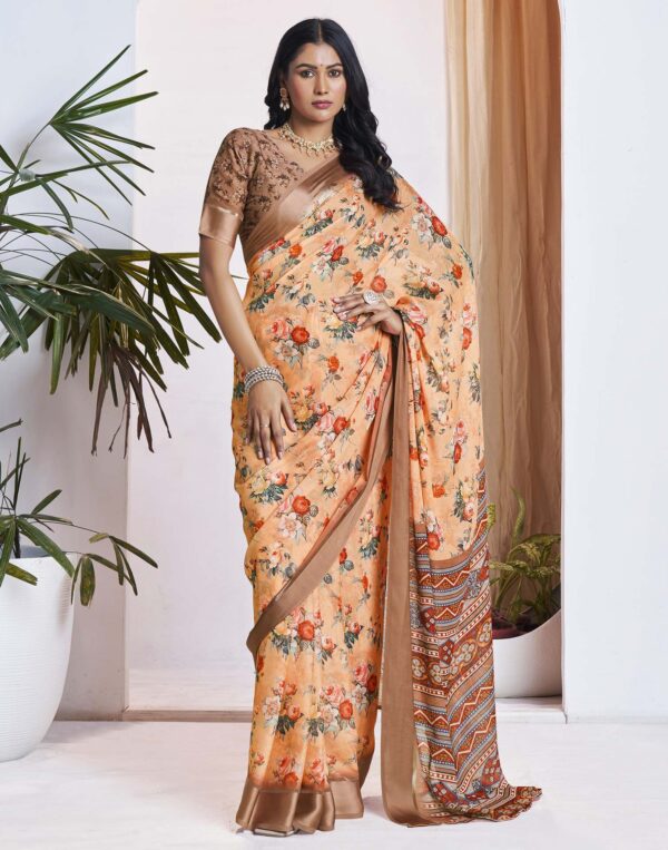 Ready To Wear Light Orange Georgette Floral Printed Saree