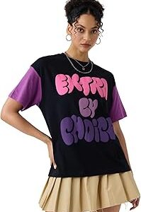 Extra by Choice Women and Girls Oversize Fit Half Sleeves Graphic Printed Cotton Multicolor Color T-Shirt