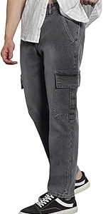 Men's Regular Fit Washed Cargo Jeans with 6 Pockets Stretchable