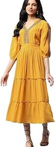 Yellow Embroidered Tiered Midi Dress