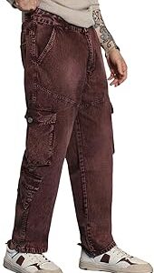 Men's Loose Baggy Fit Washed Cargo Jeans with 7 Pockets Non-Stretchable