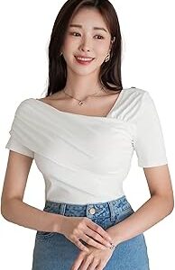 Women's Solid Color Asymmetrical Ruched Stretchy Basic Short Sleeve T-Shirt