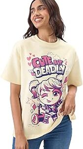 Official DC: Cute But Deadly Women and Girls Short Sleeve Round Neck Yellow Graphic Printed Cotton Oversized T-Shirts