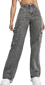 Women's Solid High Rise Relaxed Fit Cargo Jeans