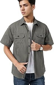 Men's Casual Solid Printed Cotton Regular Fit Shirt || Half Sleeve, Button Down, Double Front Pocket || Denim Shacket Style Fashionable Western Outfit