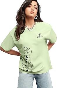 Official Garfield Merchandise Women's Graphic Printed Oversized Fit Half Sleeve Round Neck Cotton Jersey T-Shirt