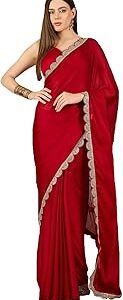 Women's Satin Chiffon Sequence Scalloping Border Plain Saree, Traditional Wedding Sarees For Women With Unstitched Blouse Piece