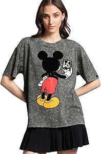 Official Disney Merchandise Mickey Mouse Women's 100% Cotton Graphic Print Oversized Fit Round Neck T-Shirt