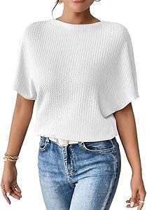 Women Fashion Fall Batwing Half Sleeve t Shirt for Woman Boat Neck Oversized Tunic Tops Casual Waffle Knit Tshirt Tops for Women
