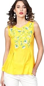 Women's Rayon Slub Embroidered Straight Regular Fit Top for Women