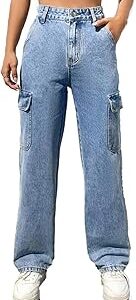 Women's Solid High Rise Relaxed Fit Cargo Jeans
