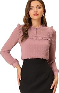 Women's Swiss Dot Long Sleeve, Ruffled Design Top