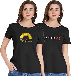 Women's Graphic T-Shirts Pack of 2, Hello Sunshine Sunflower Print and Listen Headphone Print, Round Neck, Short Sleeve Top for Girls
