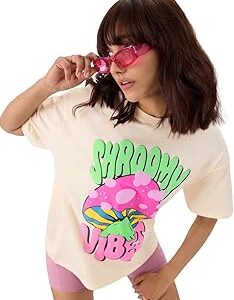 Shroomy Vibes Women and Girls Short Sleeve Round Neck Off-White Graphic Printed Cotton Oversized T-Shirts Graphic Printed Casual Half Sleeves Baggy Loose Fit Drop Shoulder Round