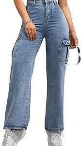 Fashion High Waist Cargo Denim Jeans for Women Wide Leg Stretchable Straight Fit Jeans(WJ21-1214)
