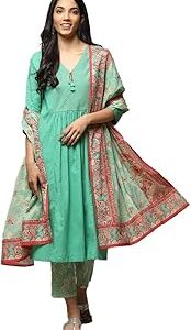 Women Green Cotton Kalidar Kurta Pants Suit Set