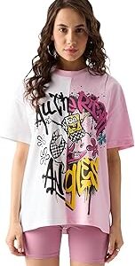 Spongebob: All The Right Angles Womens and Girls Oversized fit Graphic Printed Half Sleeve Cotton Multi Color Women T-Shirts T Shirt for Women Round Neck Half Sleeve Printed