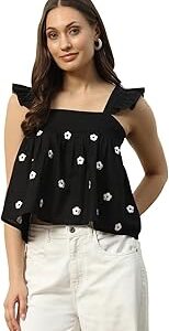 Women's Cotton Regular Fit Crop Top with Embroidery Detail and Solid Pattern