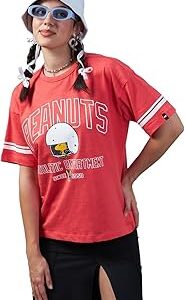 Air 1.0 Official Peanuts Merchandise Snoopy Women's 100% Cotton Graphic Print Oversized Fit Round Neck T-Shirt