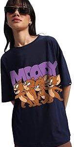 Official Tom & Jerry Merchandise Women's 100% Cotton Graphic Print Oversized Fit Round Neck T-Shirt