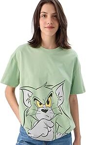Official Tom and Jerry: Time to Think Women and Girls Short Sleeve Round Neck Green Graphic Printed Cotton Oversized T-Shirts
